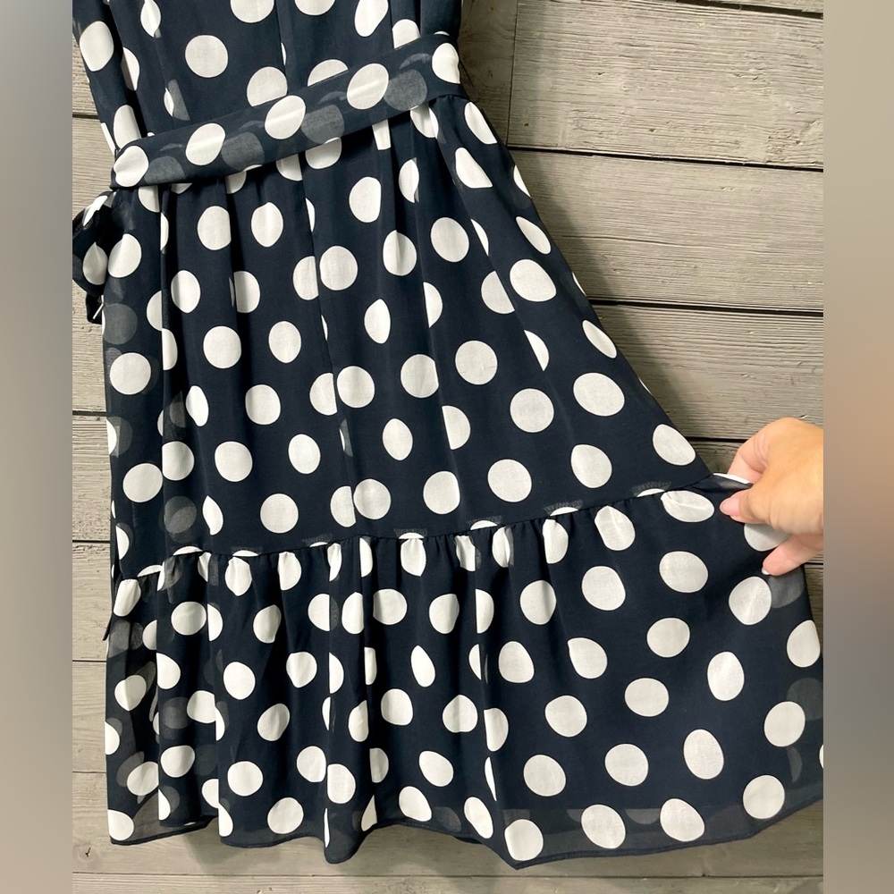 SALONI Flowy Sleeveless Navy Ruffle Wrap Dress with White Polkadots Sz 4 Summer - Picture 7 of 15